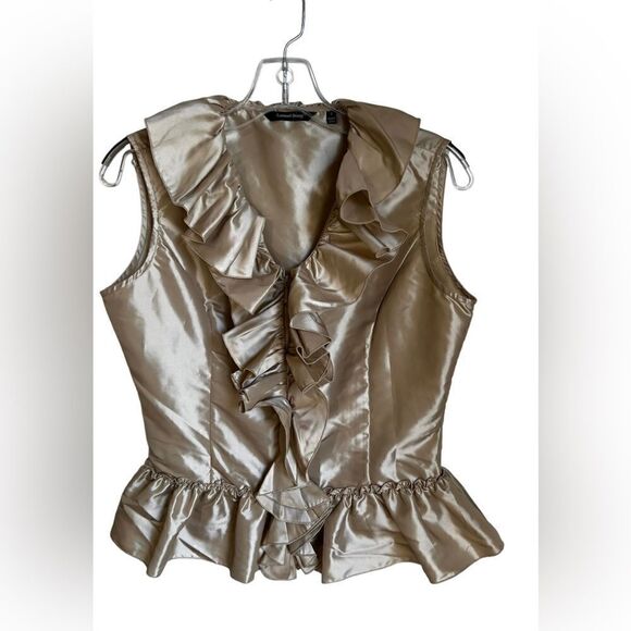 Samuel Dong Ruffled Zip Up Sleeveless Peplum Blouse Sz S  Beige. - Picture 2 of 5